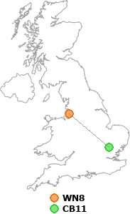 map showing distance between WN8 and CB11