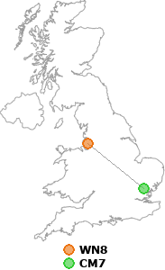 map showing distance between WN8 and CM7