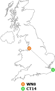 map showing distance between WN8 and CT14