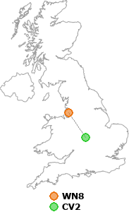 map showing distance between WN8 and CV2