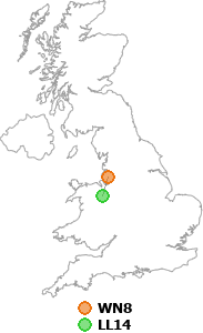 map showing distance between WN8 and LL14