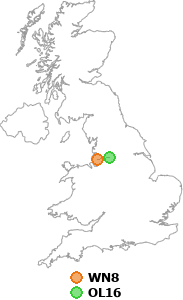 map showing distance between WN8 and OL16