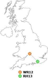 map showing distance between WR12 and RH13