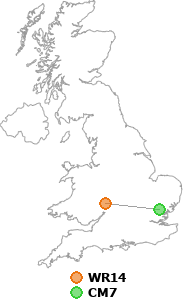 map showing distance between WR14 and CM7