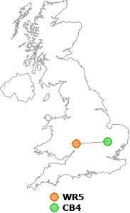 map showing distance between WR5 and CB4