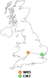 map showing distance between WR5 and CM7