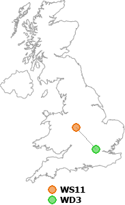 map showing distance between WS11 and WD3