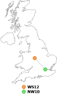 map showing distance between WS12 and NW10