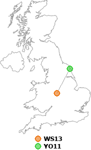 map showing distance between WS13 and YO11