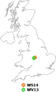 map showing distance between WS14 and WV13