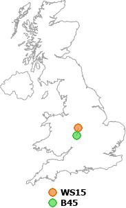 map showing distance between WS15 and B45