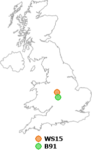 map showing distance between WS15 and B91