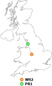 map showing distance between WS2 and PR1