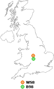 map showing distance between WS8 and B98