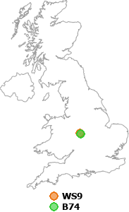 map showing distance between WS9 and B74