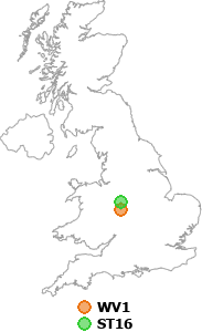 map showing distance between WV1 and ST16