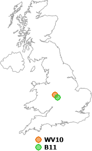 map showing distance between WV10 and B11