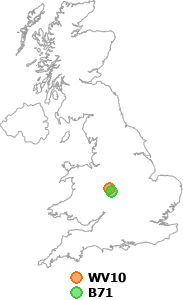 map showing distance between WV10 and B71