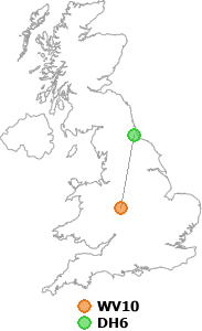 map showing distance between WV10 and DH6