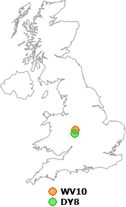 map showing distance between WV10 and DY8