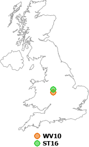 map showing distance between WV10 and ST16