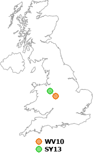 map showing distance between WV10 and SY13