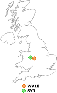map showing distance between WV10 and SY3