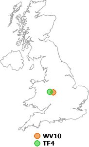 map showing distance between WV10 and TF4