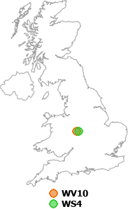 map showing distance between WV10 and WS4