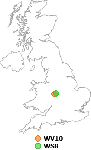 map showing distance between WV10 and WS8