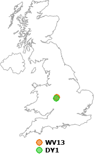 map showing distance between WV13 and DY1