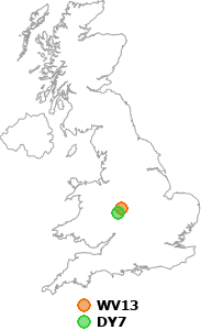 map showing distance between WV13 and DY7