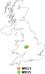 map showing distance between WV13 and WV15