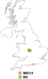 map showing distance between WV14 and B8