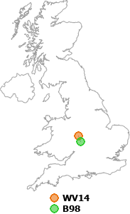 map showing distance between WV14 and B98