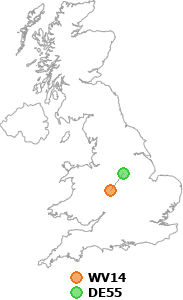 map showing distance between WV14 and DE55
