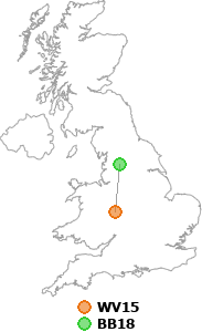 map showing distance between WV15 and BB18