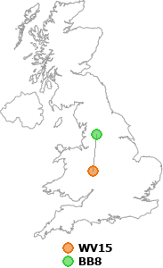 map showing distance between WV15 and BB8