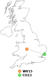 map showing distance between WV15 and CO13