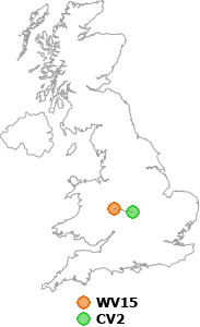 map showing distance between WV15 and CV2