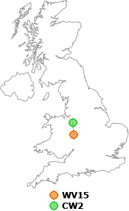 map showing distance between WV15 and CW2