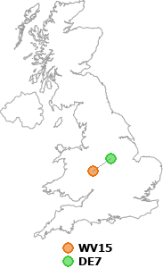 map showing distance between WV15 and DE7