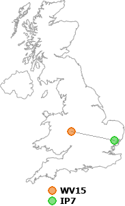 map showing distance between WV15 and IP7