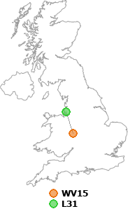 map showing distance between WV15 and L31