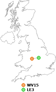 map showing distance between WV15 and LE3