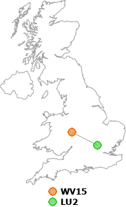 map showing distance between WV15 and LU2