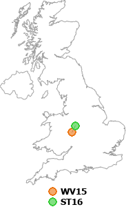 map showing distance between WV15 and ST16