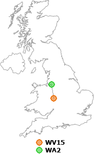 map showing distance between WV15 and WA2