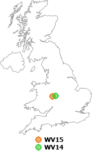 map showing distance between WV15 and WV14