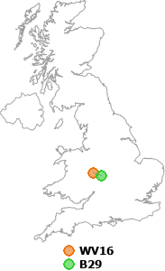 map showing distance between WV16 and B29